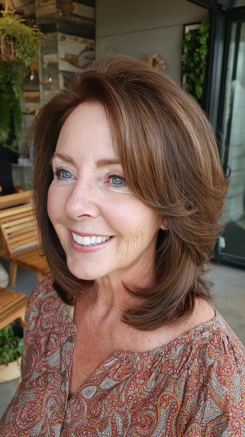 Chestnut Face-Framing Shoulder-Length Layered Bob with Crown Lift