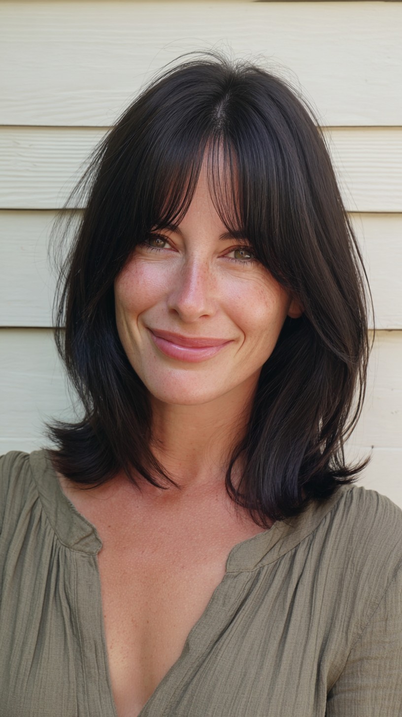 Chestnut Shoulder-Grazing Lob with Soft Center-Part Curtain Bangs