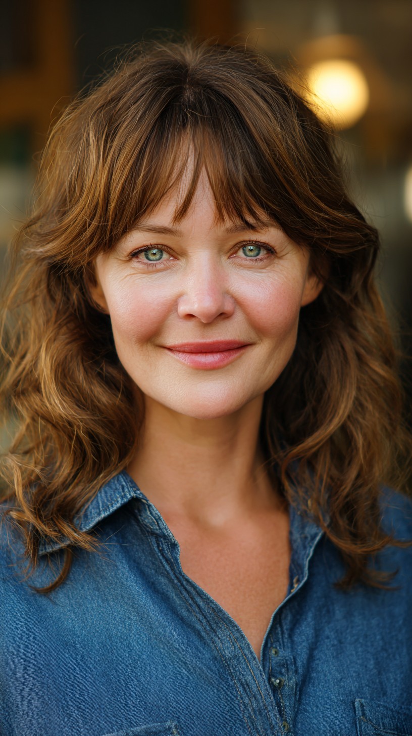 Chestnut Shoulder-Length Waves with Wispy Curtain Fringe