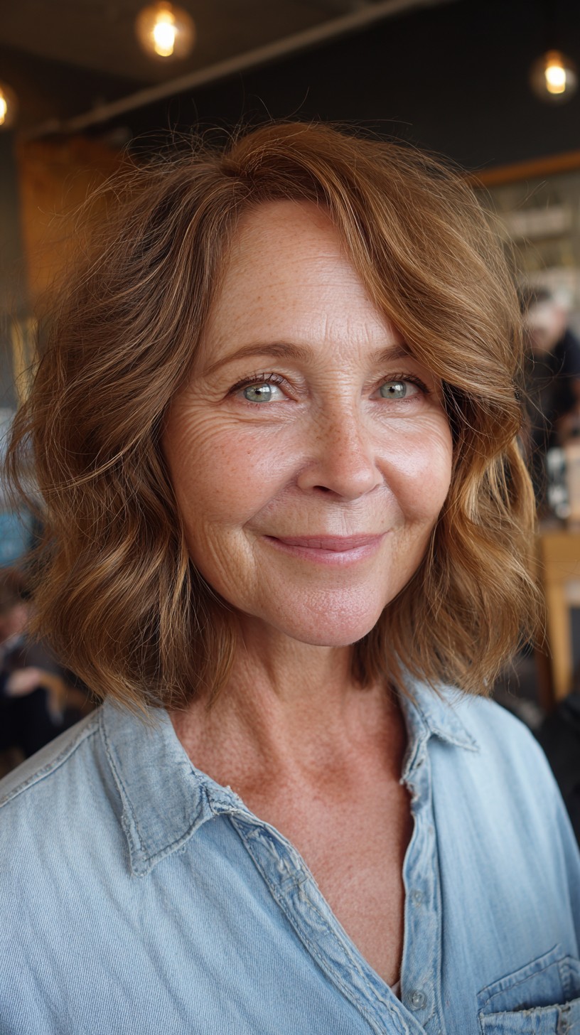 Chestnut Textured Midi Bob with Diagonal Facet and Soft Root Blend