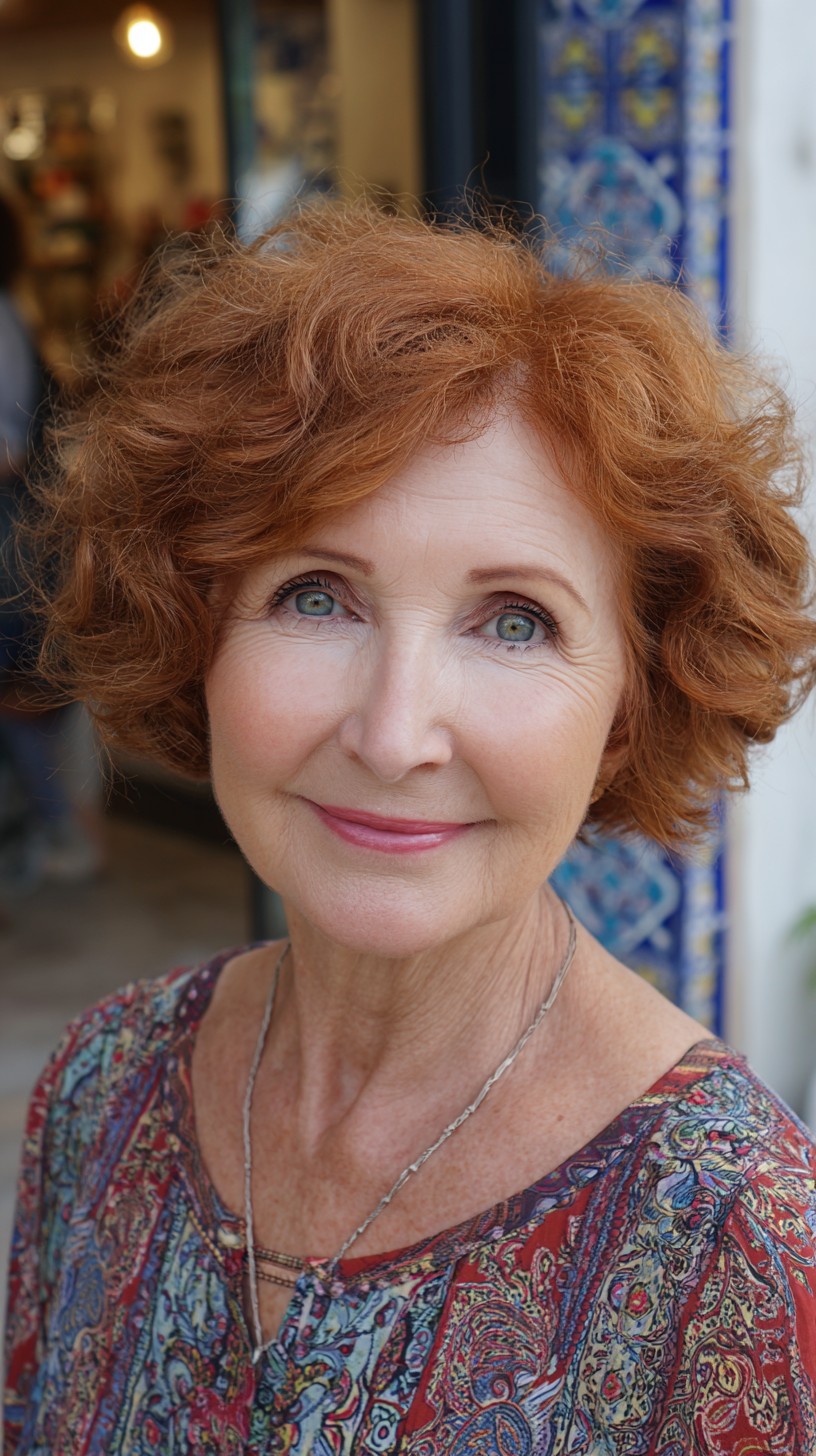 Gentle Copper Curled Bob with Diffused Crown Lift