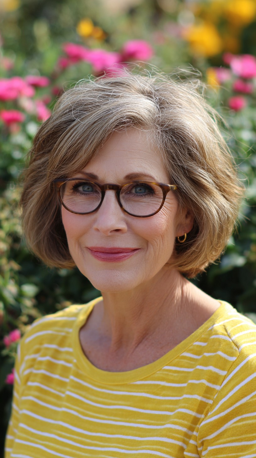 Glasses-Friendly Soft Layered Chin-Length Bob with Silver Root Blend