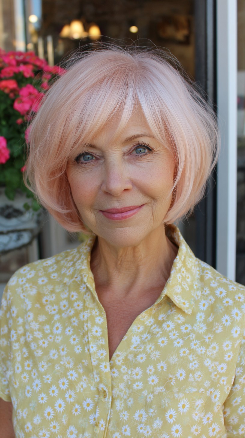 Soft Pastel Rounded Chin-Length Bubble Bob with Feathered Fringe