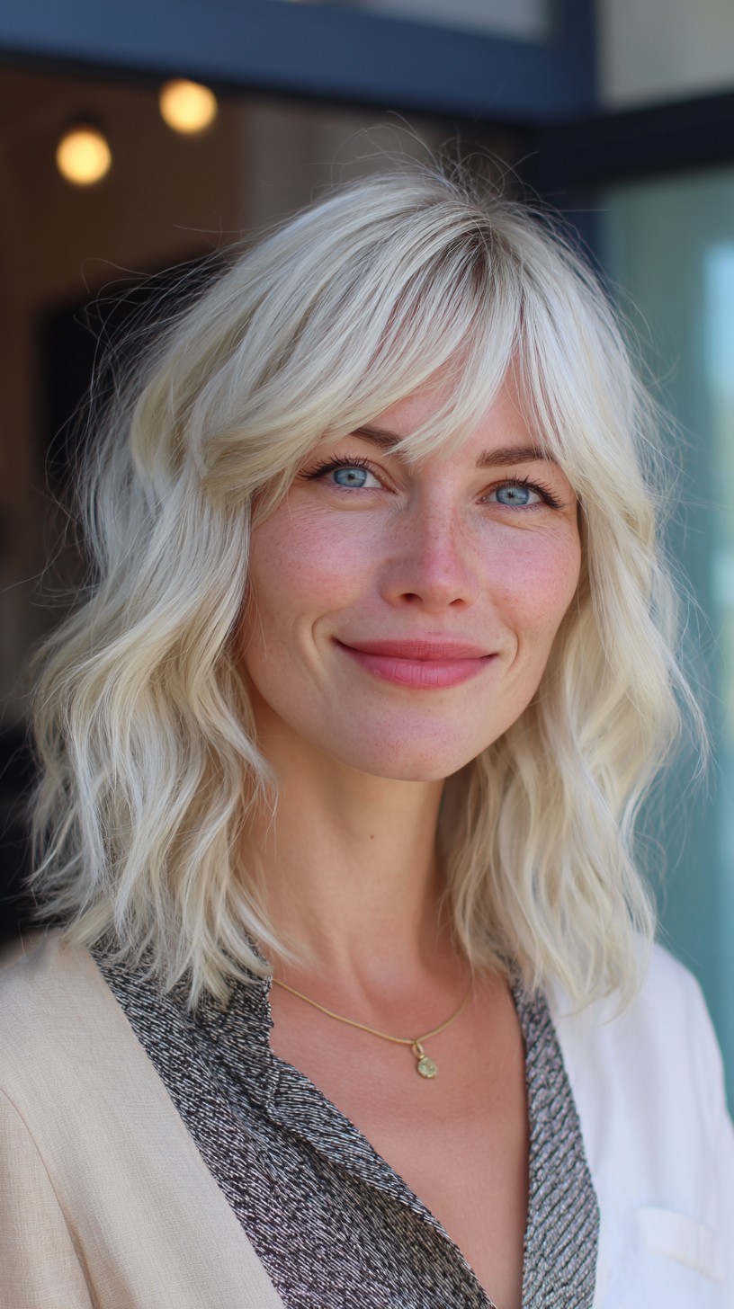 Platinum Curtain Fringe Shoulder-Length Lob with Razored Waves