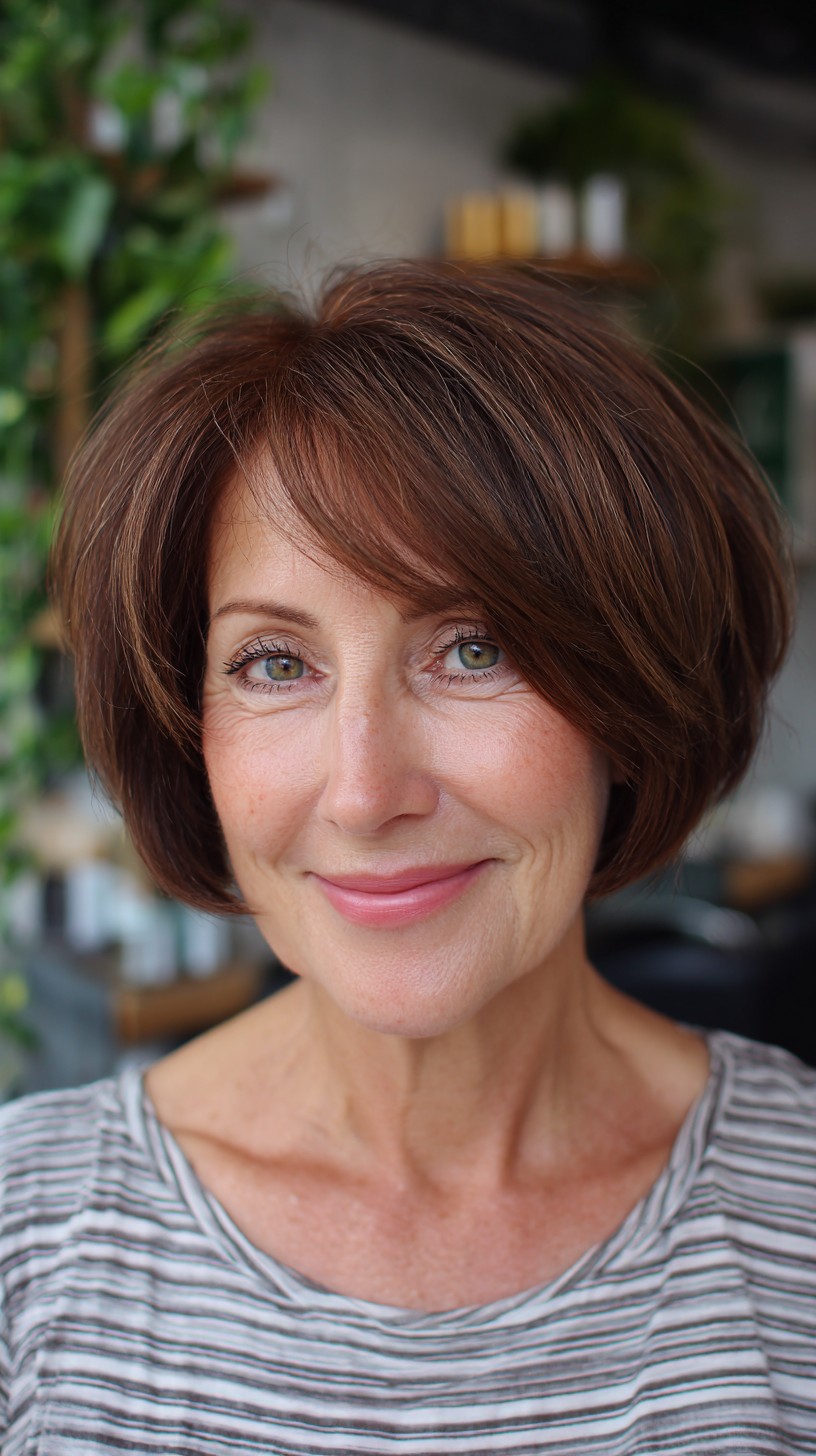 Rounded Chestnut Bubble Bob with Brow-Skimming Feathered Fringe