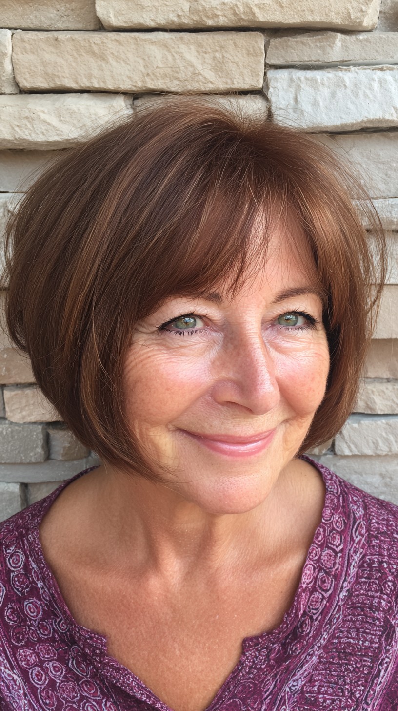 Rounded Chestnut Wash-and-Go Chin-Length Bob with Soft Side Fringe