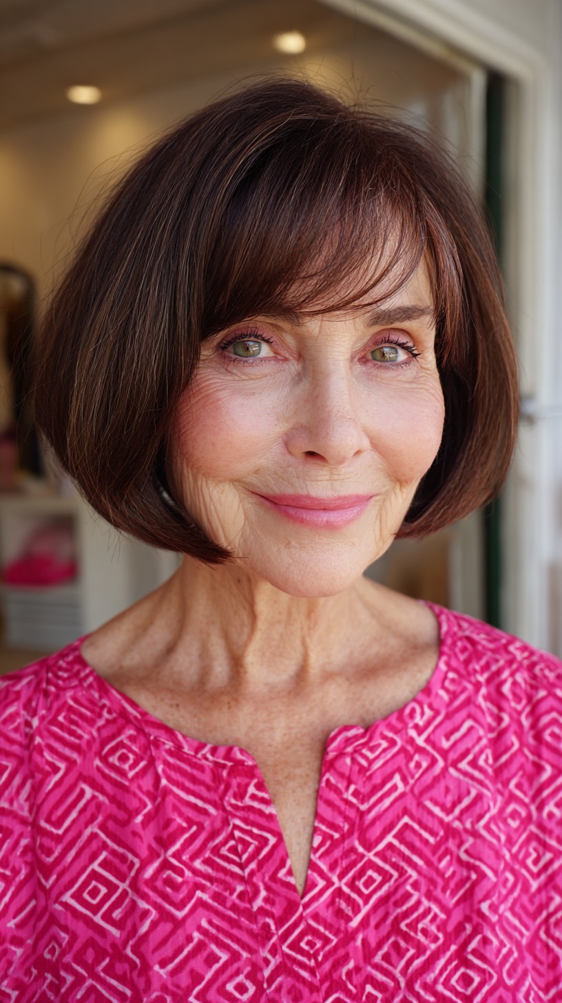 Rounded Chin-Length Bob with Subtle Stacked Nape and Wispy Micro Fringe