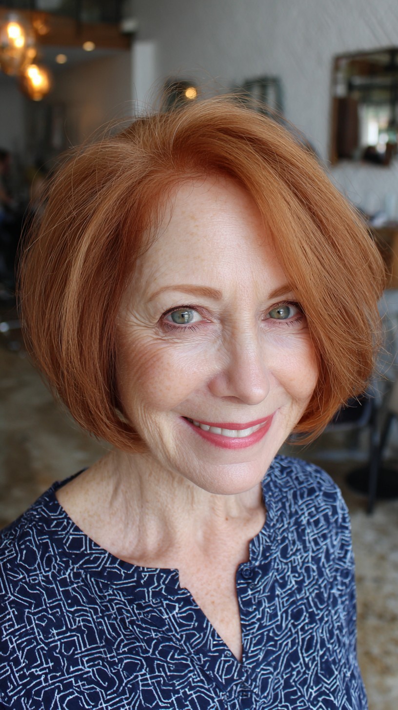 Rounded Copper Angled Chin-Length Bob with Soft Interior Graduation