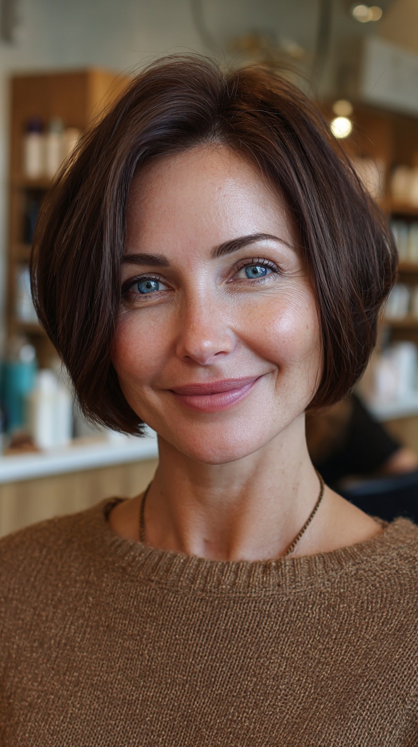 Rounded Jaw-Grazing Brown Bob with Soft Face-Framing Layers