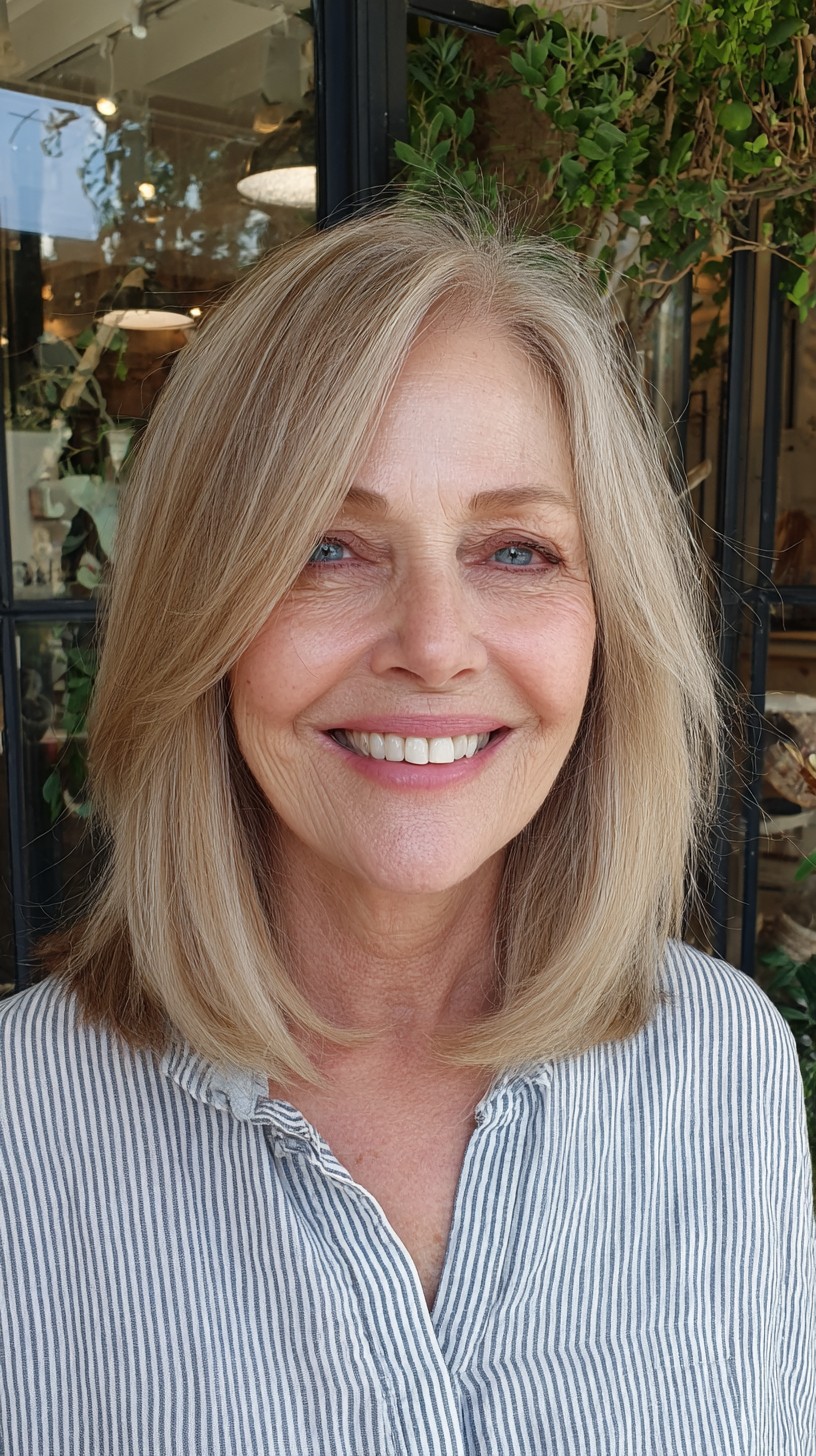 Soft Ash-Beige Shoulder-Length Lob with Subtle Face-Framing Layers