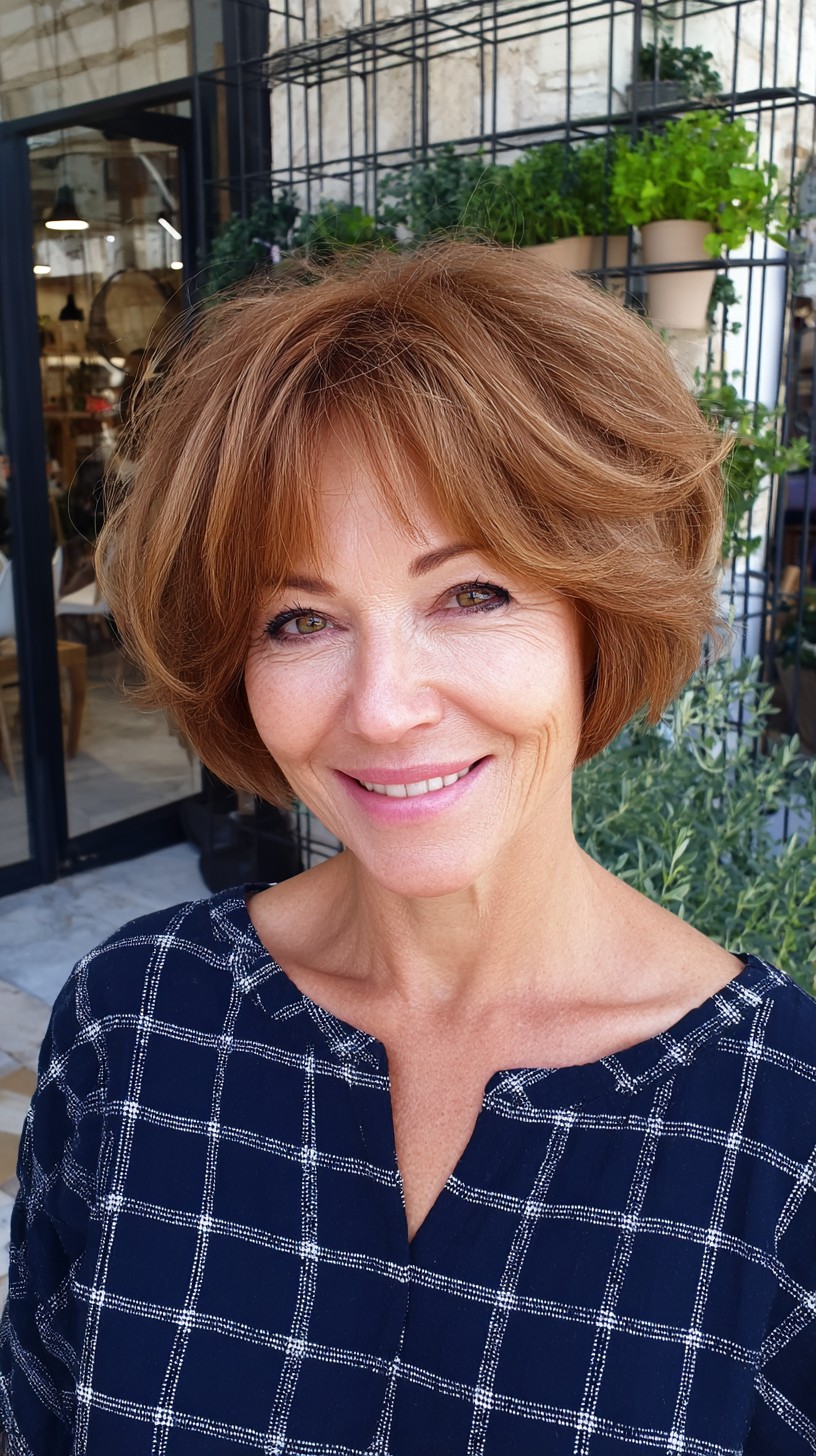 Soft Auburn Rounded Bubble Bob with Face-Framing Feathered Bangs