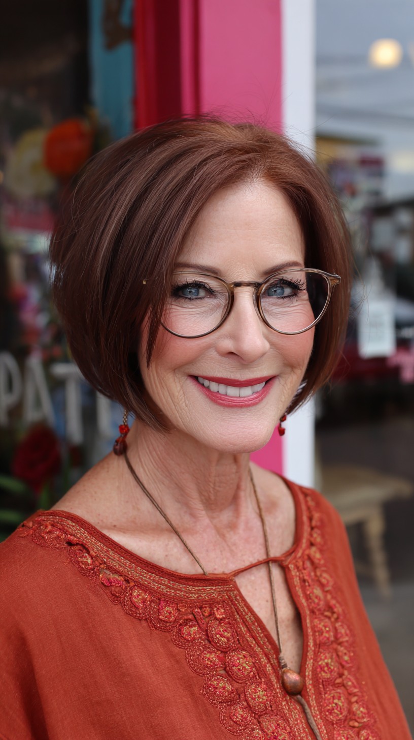 Soft Auburn Stacked Chin-Length Bob with Glasses-Framing Layers