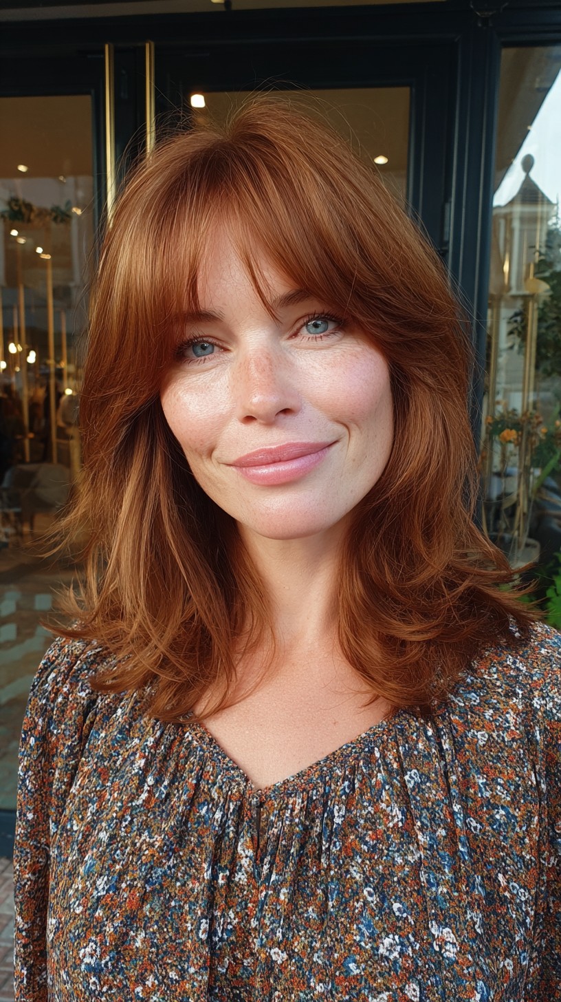 Soft Copper Curtain Bangs with Feathered Mid-Length Layers