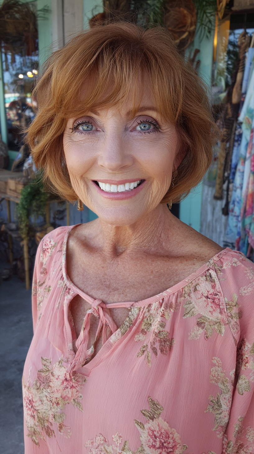 Soft Copper Stacked Chin-Length Bob with Wispy Micro-Bang