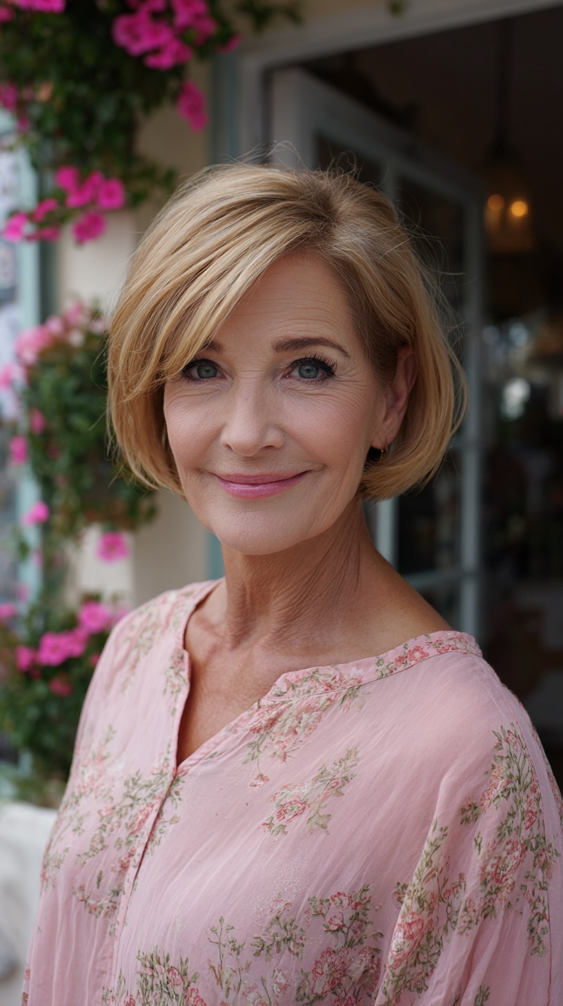 Soft Rounded Chin-Length Bubble Bob with Side-Swept Fringe
