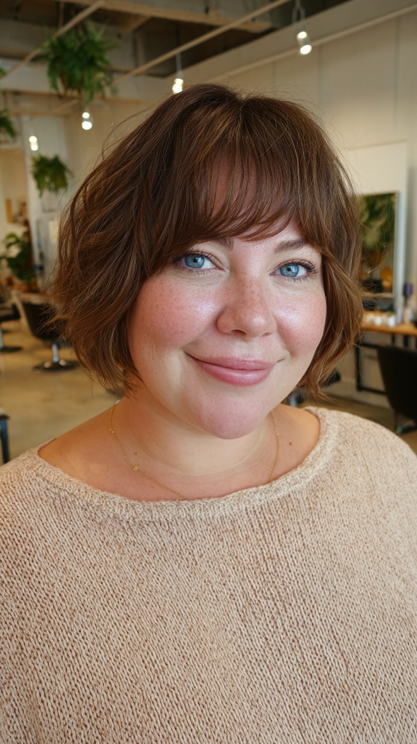 Soft Waved Cheek-Skimming Bob with Wispy Brow-Length Bangs