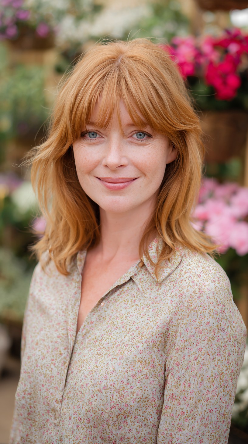 Strawberry-Blonde Layered Lob with Wispy Curtain Bangs