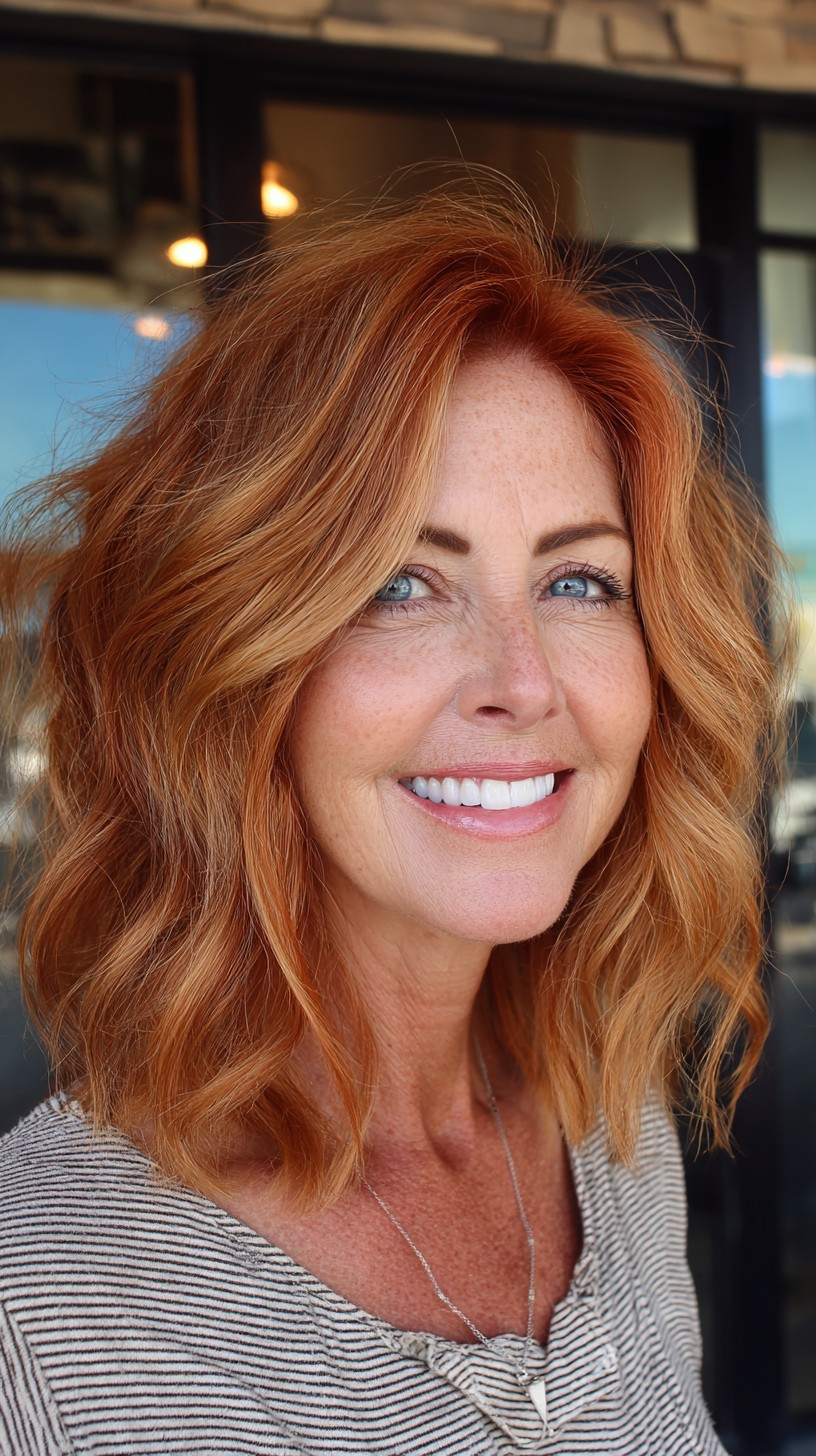 Sunlit Copper Soft-Rooted Shoulder Bob with Face-Framing Waves