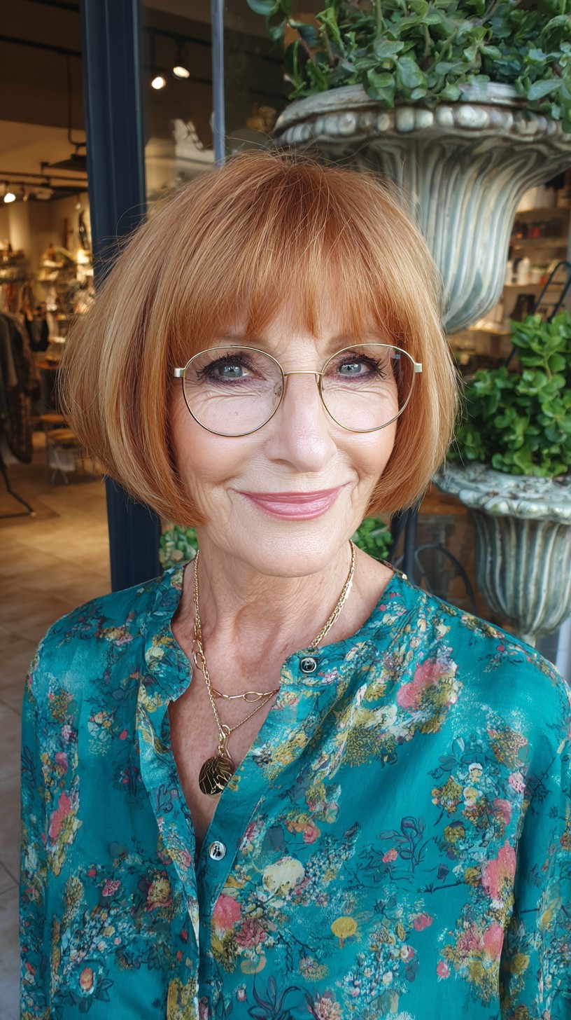 Textured Copper Chin-Length Bob with Brow-Grazing Fringe
