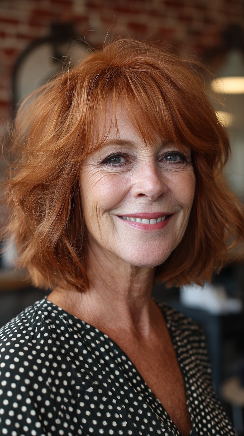 Textured Copper Midi Bob with Wispy Micro-Fringe and Crown Lift