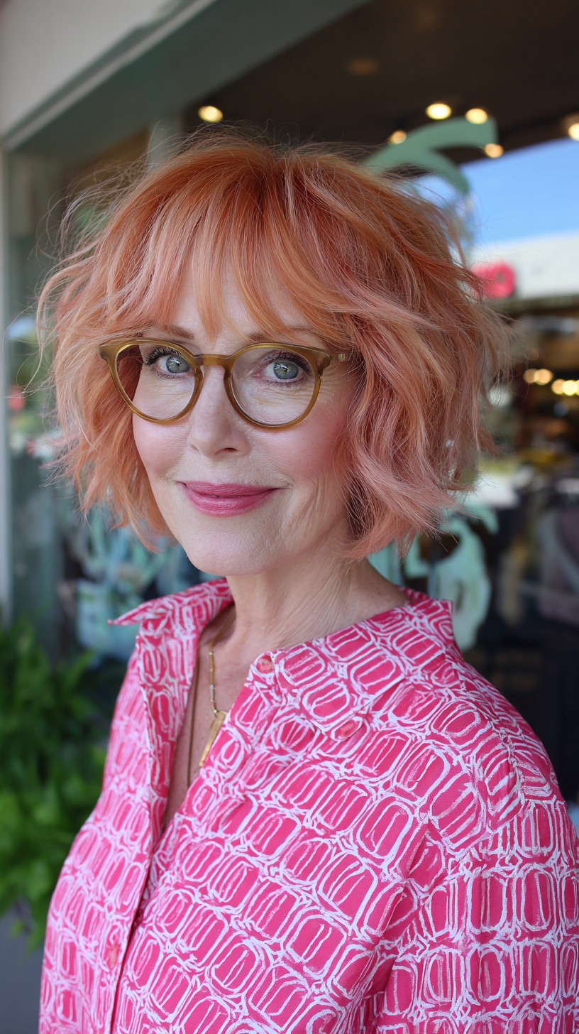 Textured Peach Copper Chin-Length Bob with Glasses‑Framing Layers
