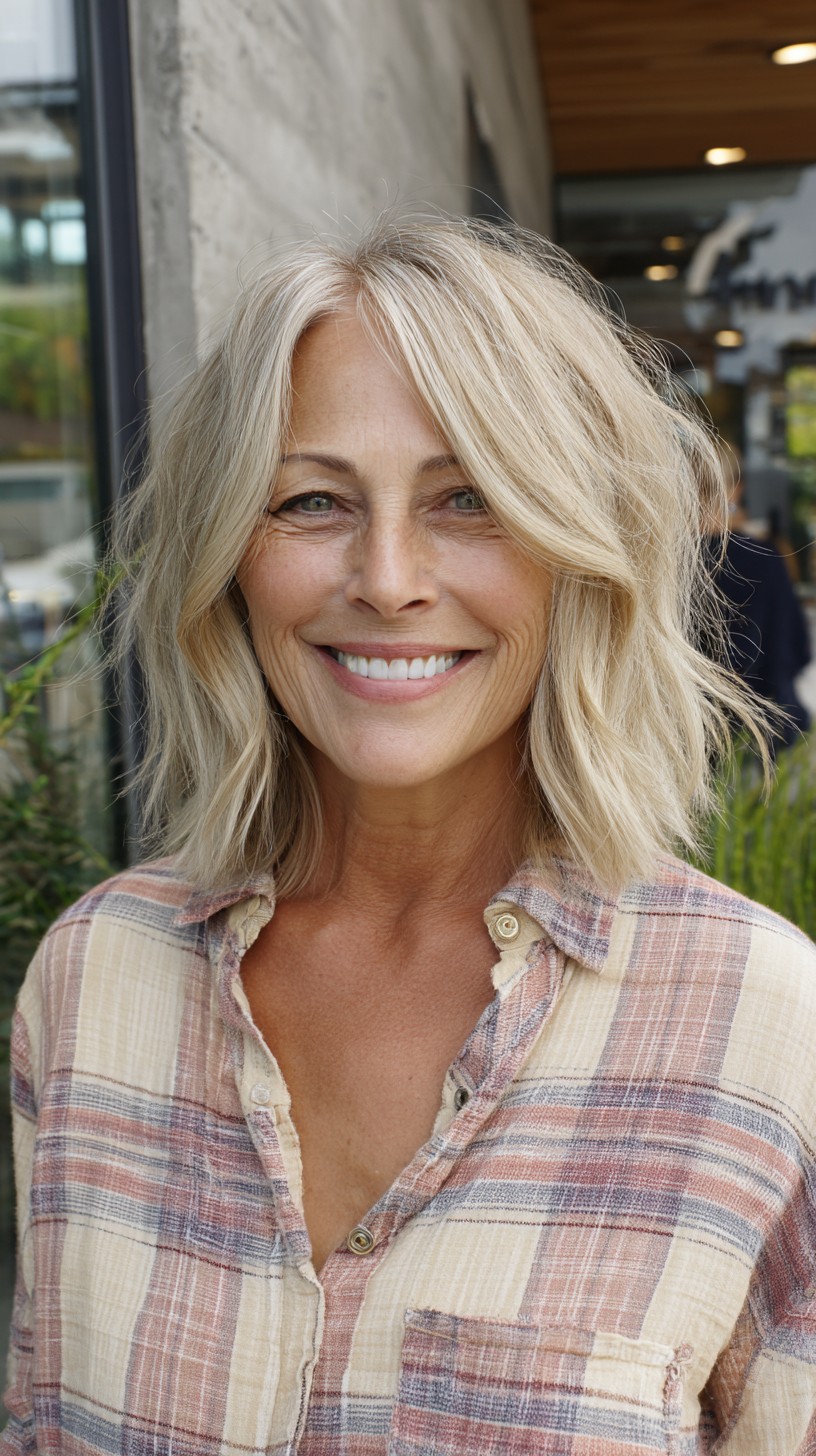 Textured Platinum Shoulder Bob with Face-Framing Curtain