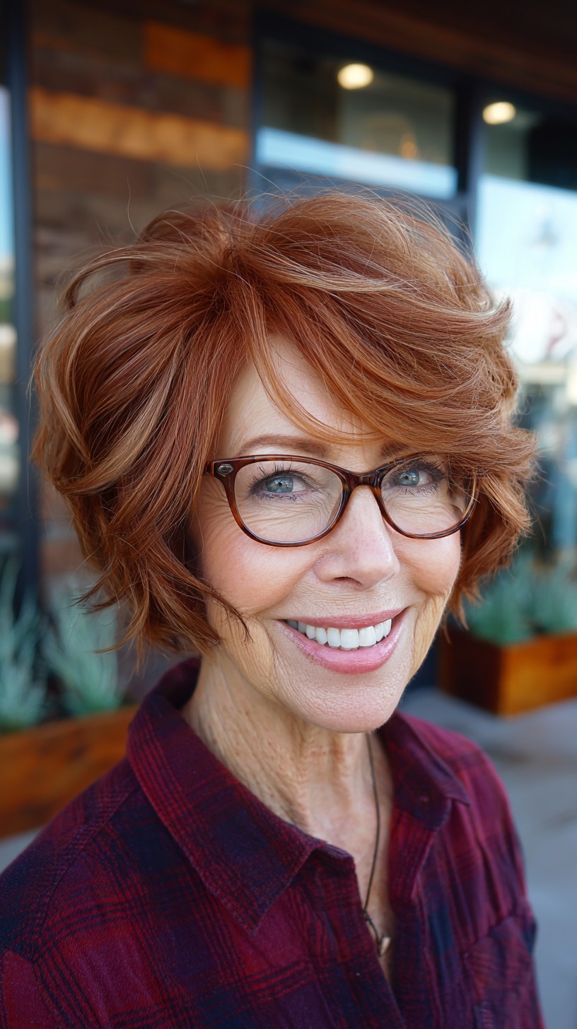 Voluminous Copper Textured Chin-Skimming Bob with Glasses-Ready Pivot