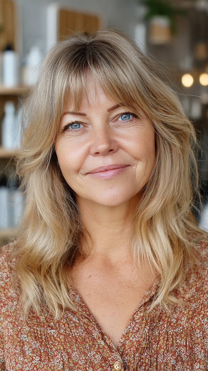 Warm Beige Blonde Lob with Face-Framing Curtain Fringe