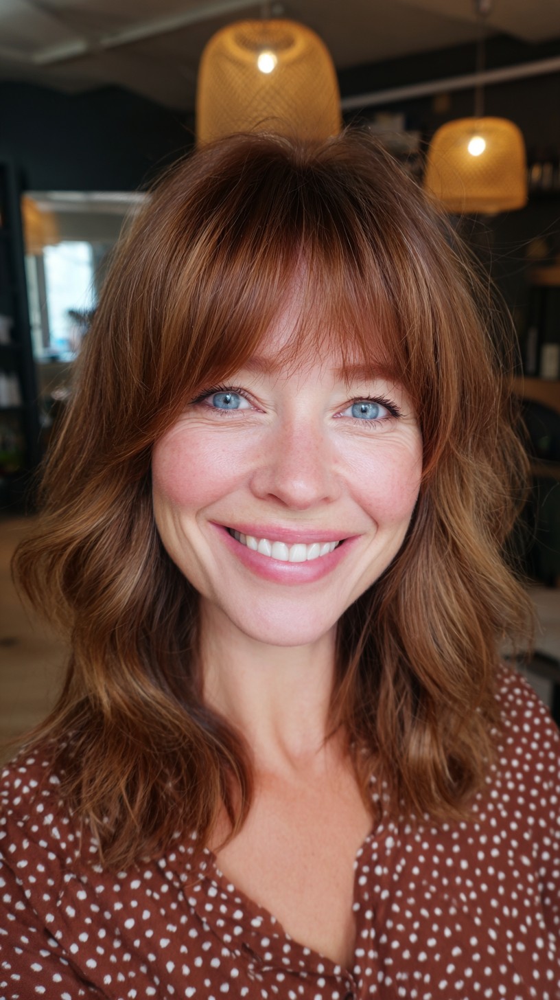 Warm Chestnut Shoulder-Length Lob with Micro Curtain Fringe