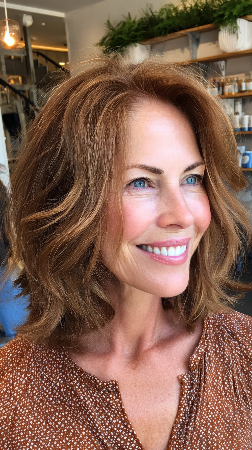 Warm Chestnut Stacked Shoulder Bob with Feathered Layers