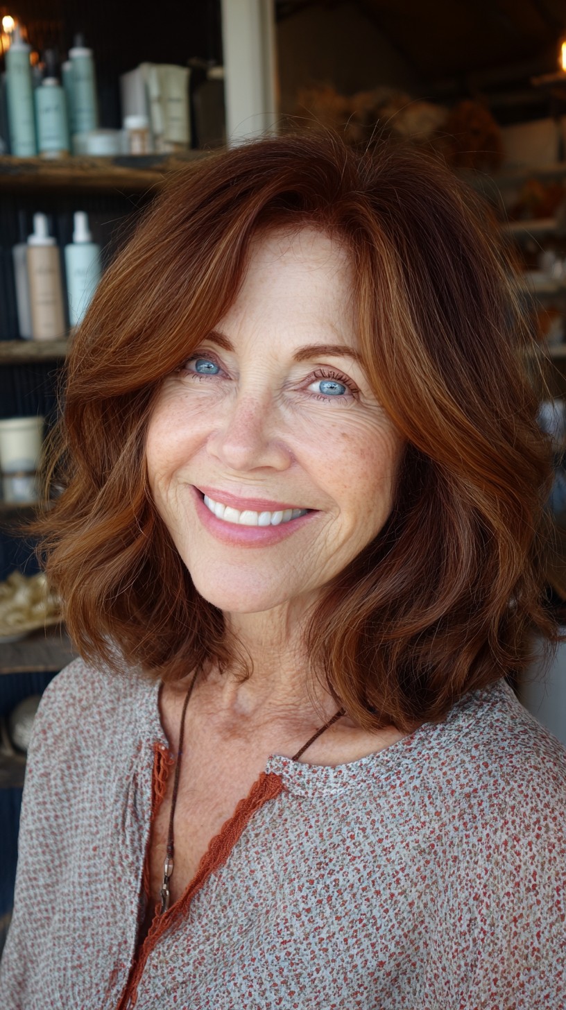 Warm Chestnut Wave-Textured Midi Bob with Subtle Root Lift