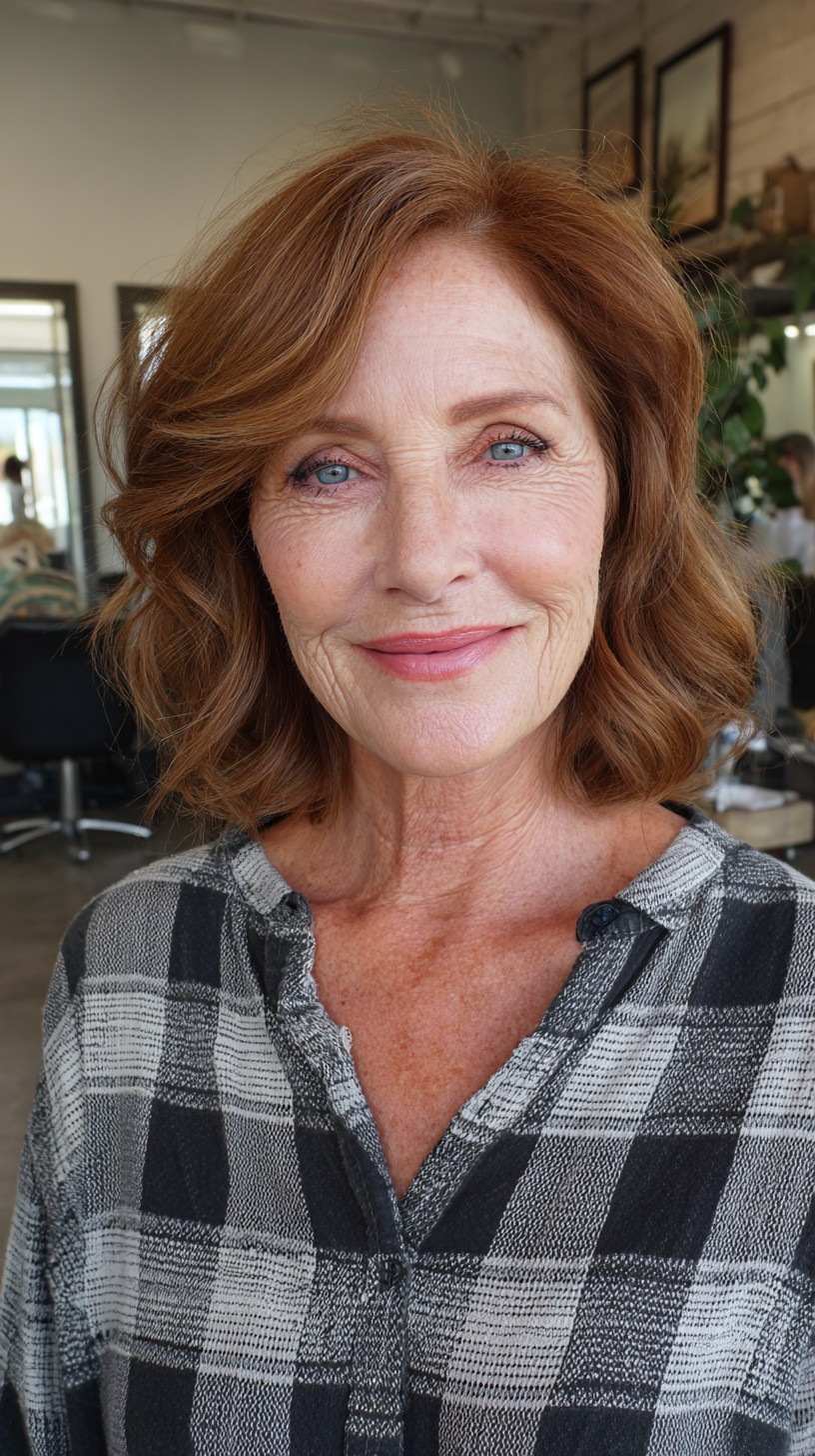 Warm Copper Mid-Length Textured Bob with Side-Swept Lift