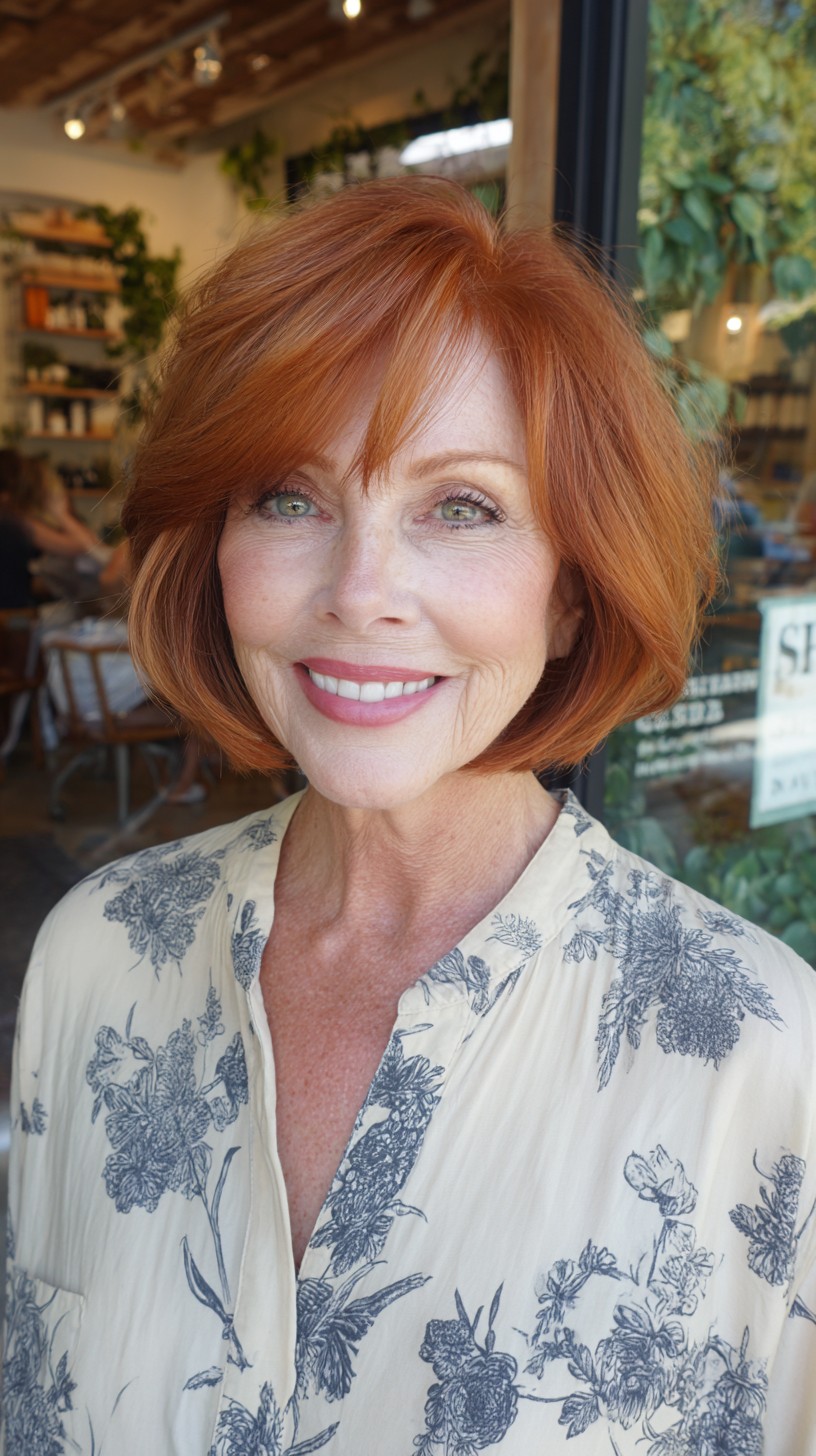 Warm Copper Rounded Short Bob with Feathered Side Bangs