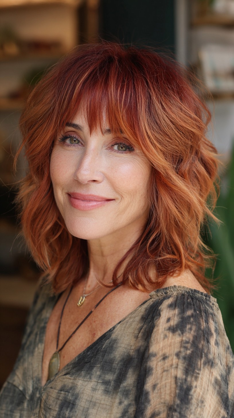 Warm Copper Textured Mid-Length with Curtain Bangs