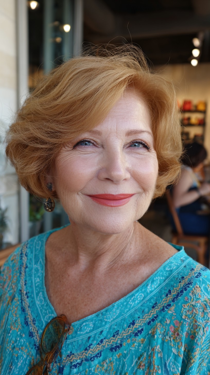 Warm Strawberry Blonde Short Wash-and-Go Bob with Feathered Face-Framing Layers
