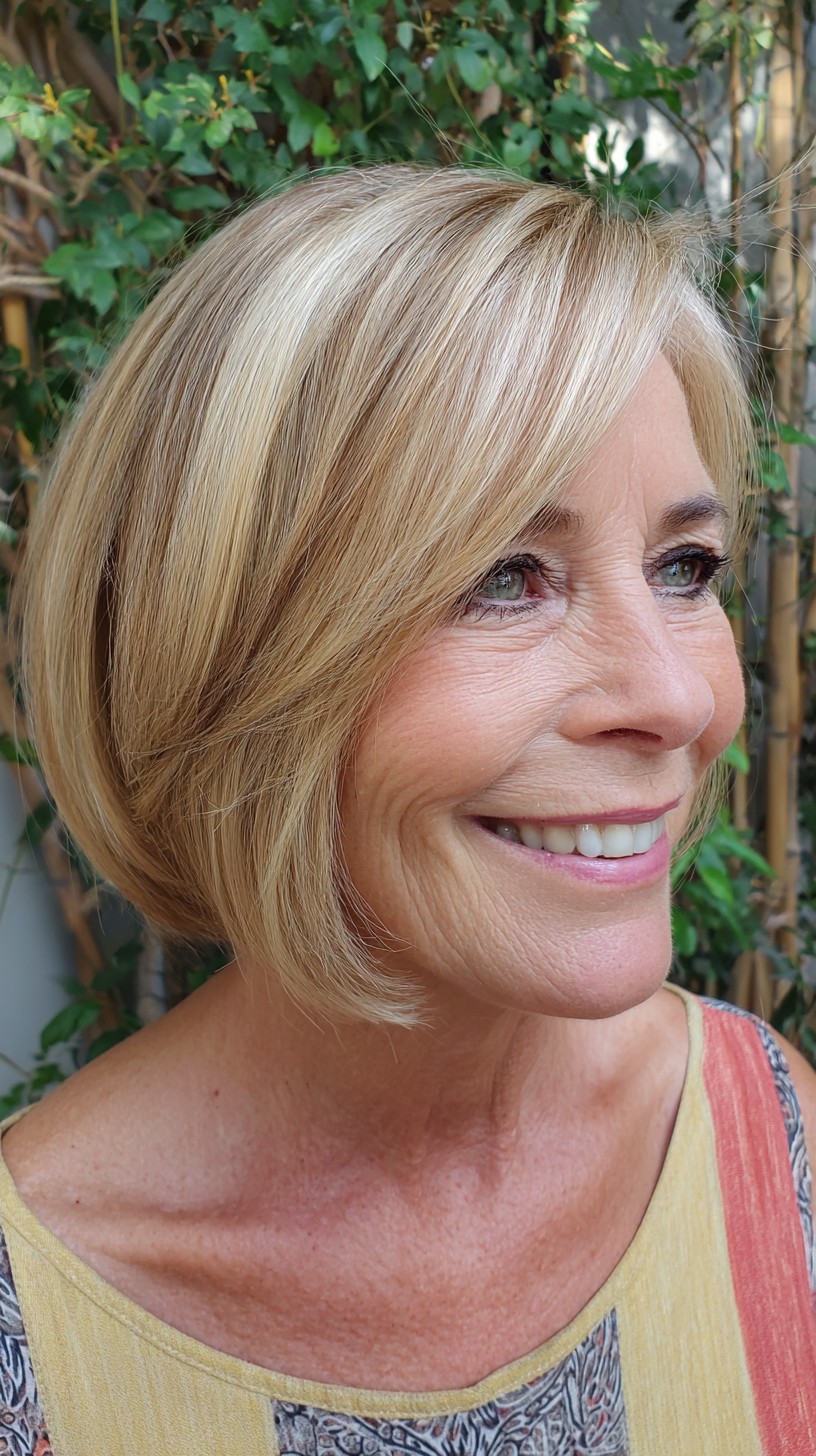 Angled Chin-Length Blonde Bob with Side-Swept Fringe