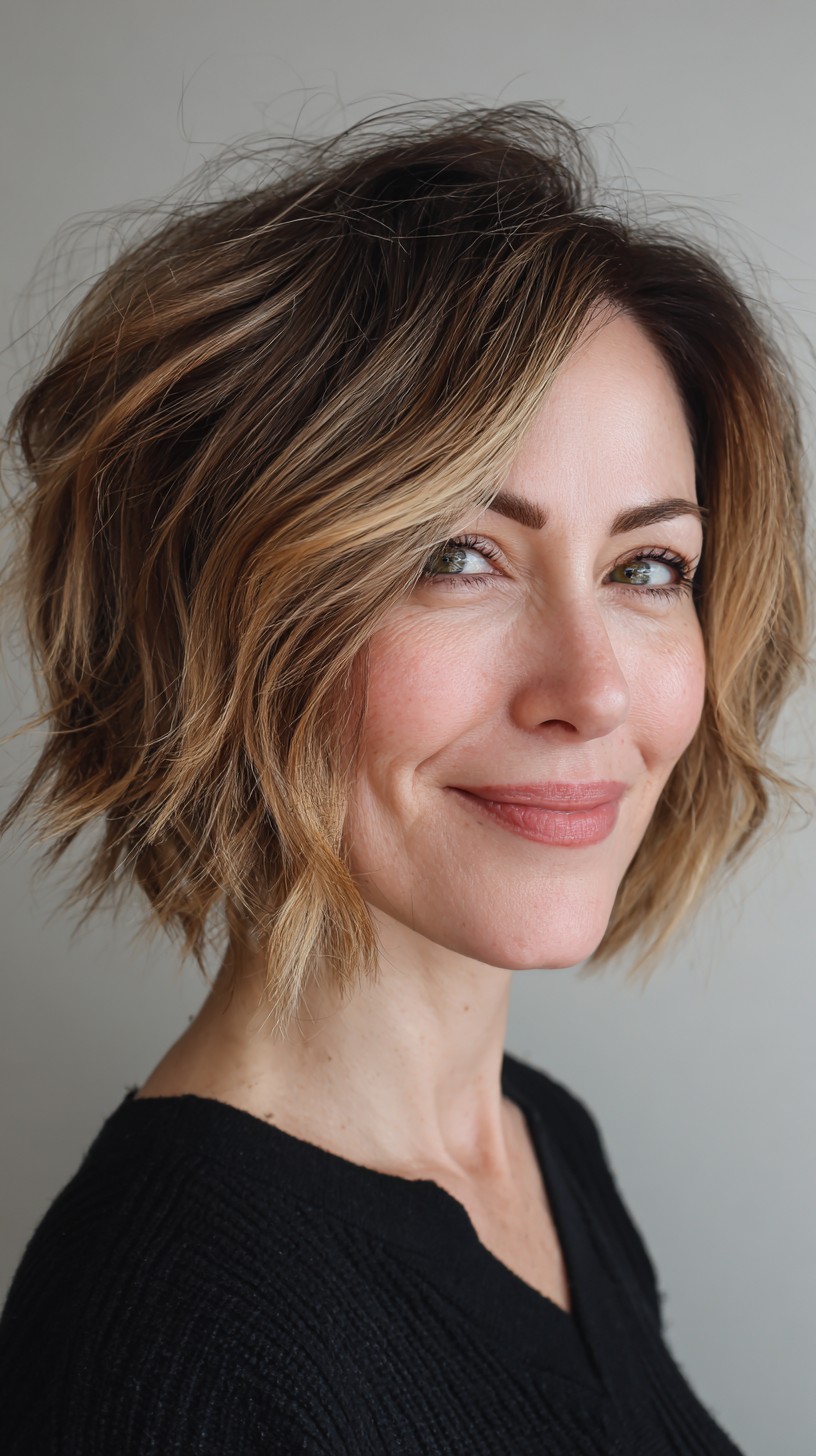 Angled Choppy Chin-Length Bob with Caramel Face-Framing Balayage
