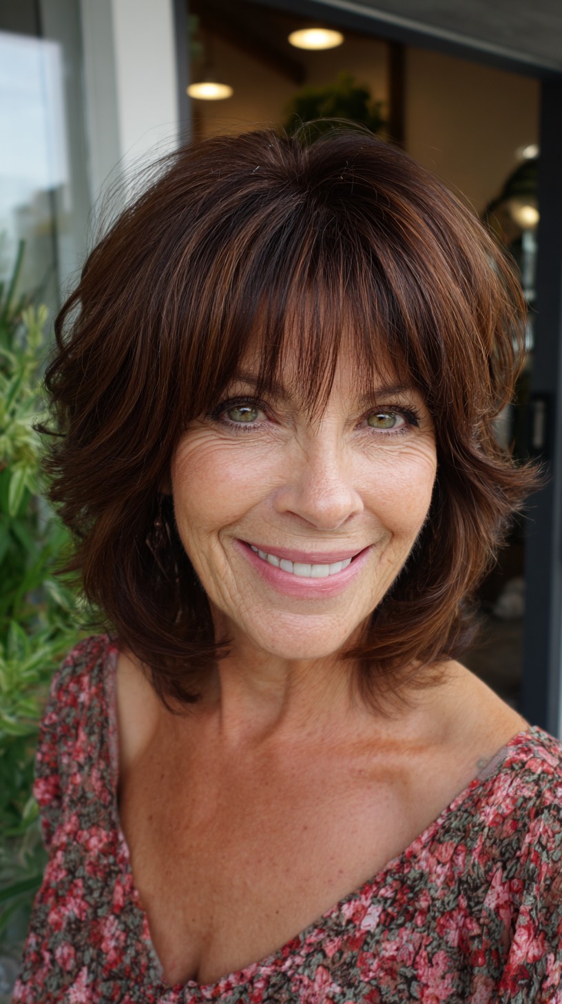 Auburn Feathered Mid-Length Cut with Soft Curtain Fringe and Crown Lift