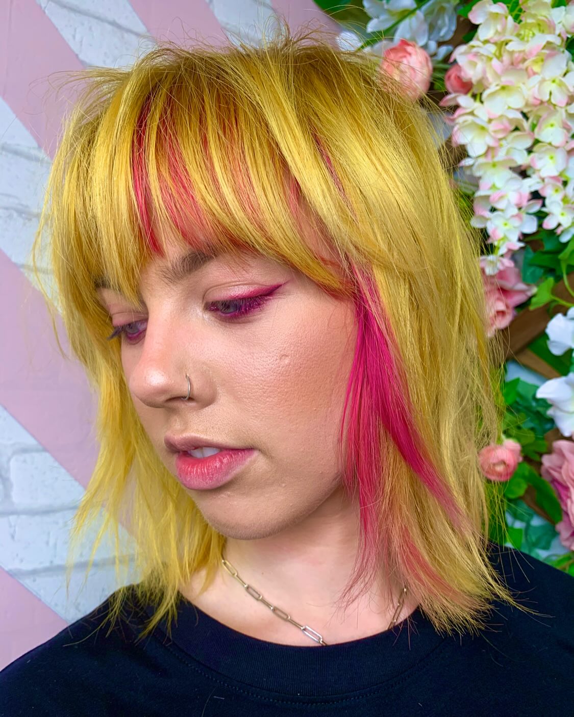 Bright Yellow Shaggy Bob with Fuchsia Face-Framing Peekaboo
