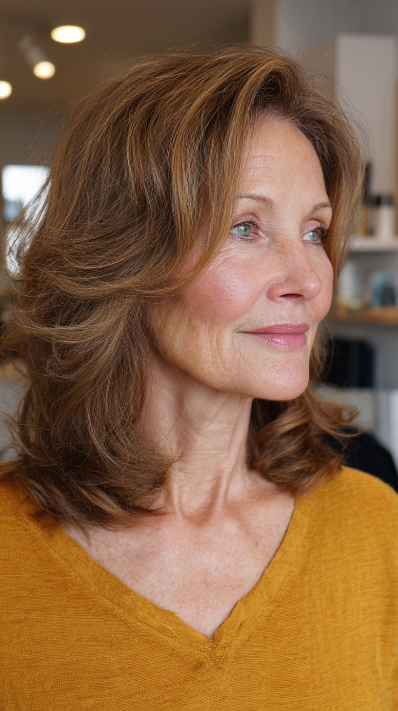 Chestnut Feathered Shoulder-Length with Face-Framing Curtain