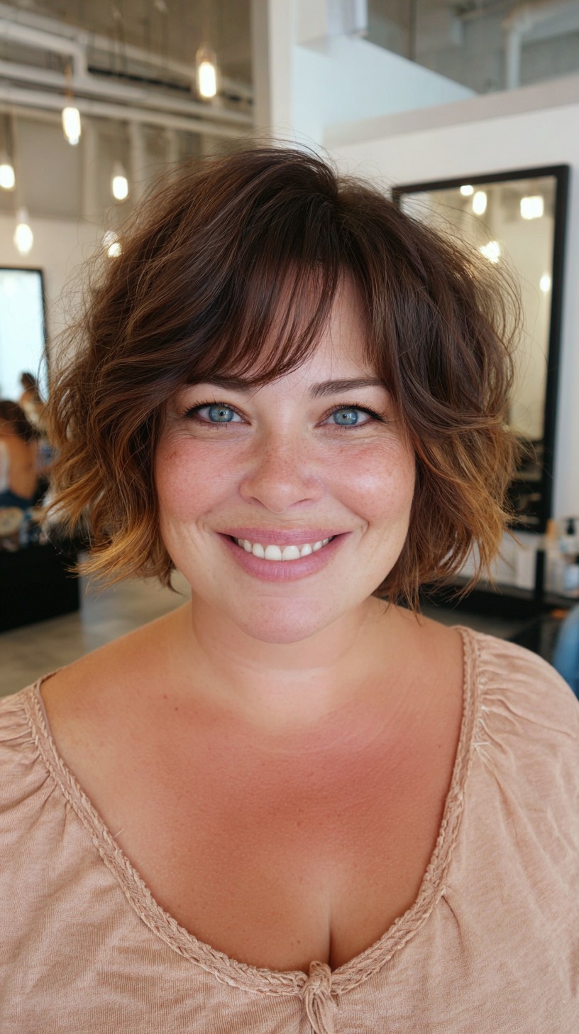 Chin-Length Textured Bob with Soft Feathered Fringe and Warm Caramel Tips