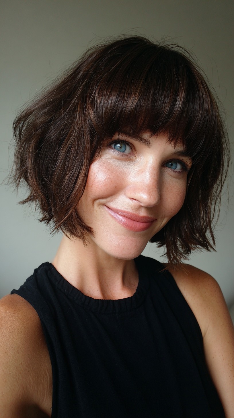 Choppy Chin-Length Bob with Blunt Micro-Bangs and Natural Wave