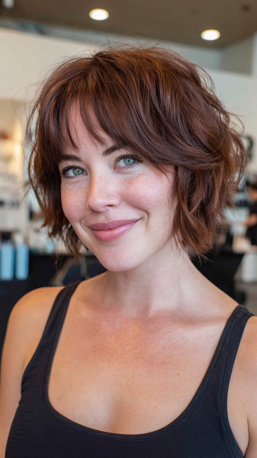 Chunky Copper Choppy Bob with Feathered Micro-Fringe