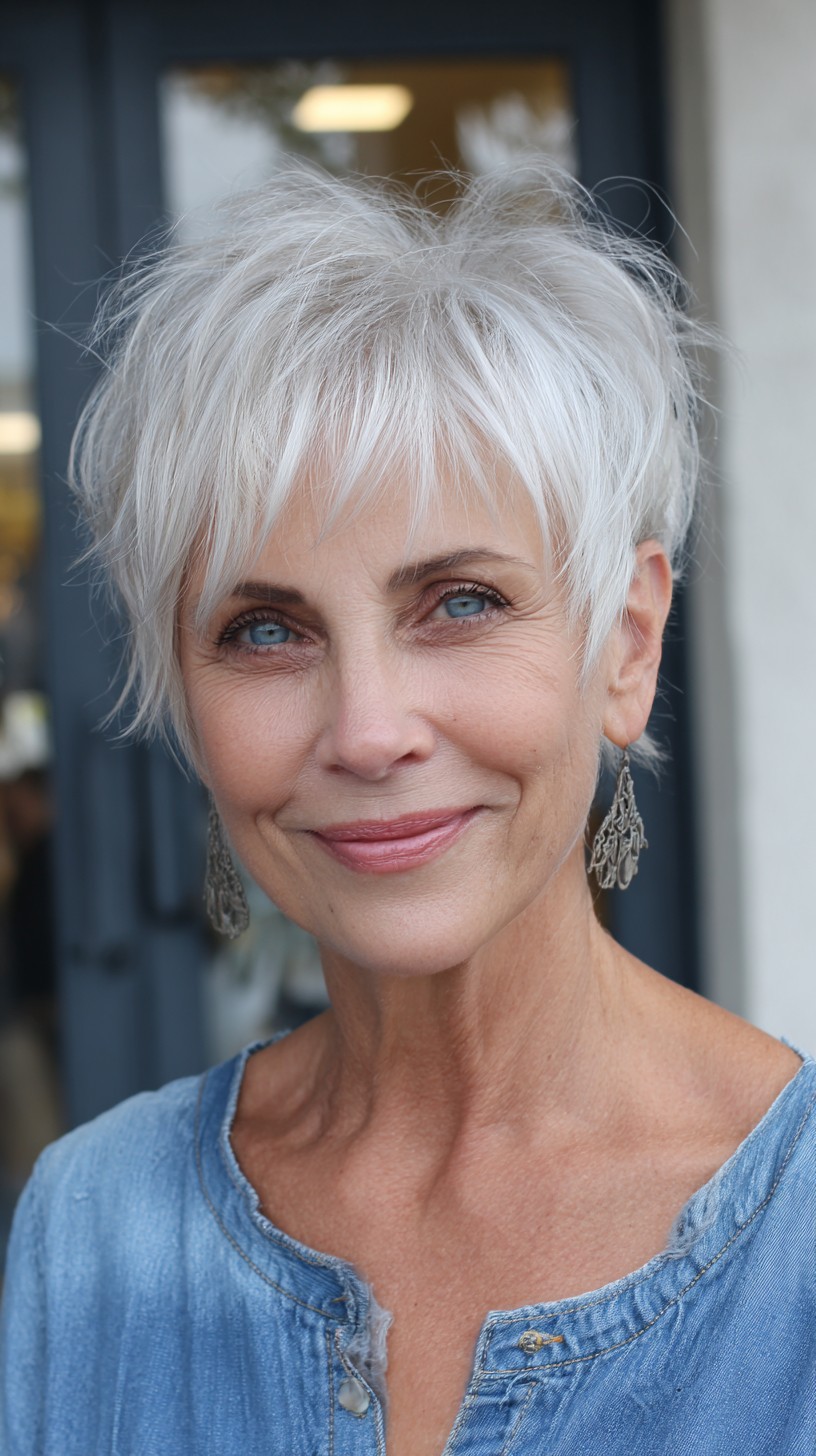Cropped Silver Textured Pixie with Micro Fringe and Feathered Crown