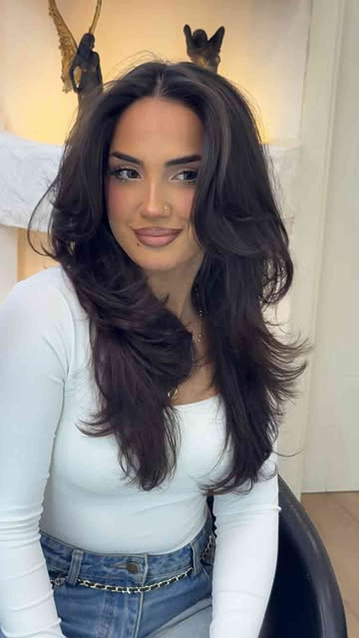 Deep Brunette Feathered Layered Blowout
