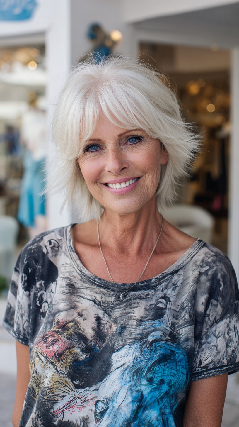 Feathered Silver Shag with Flipped Ends and Curtain Fringe