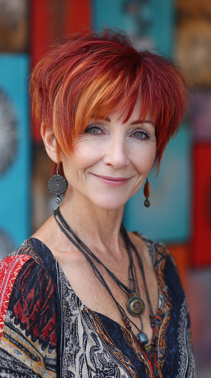 Fiery Red Short Shag with Face-Framing Copper Babylights