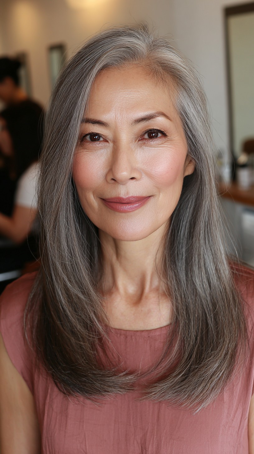 Long Silver Face-Framing Layers with Soft Root Shadow