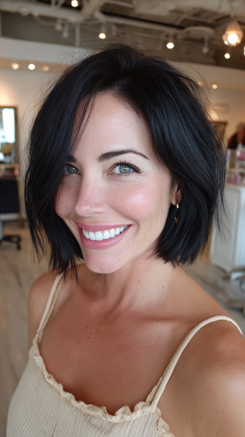 Piecey Chin-Length Bob with Eye-Grazing Side Pieces and Nape Graduation