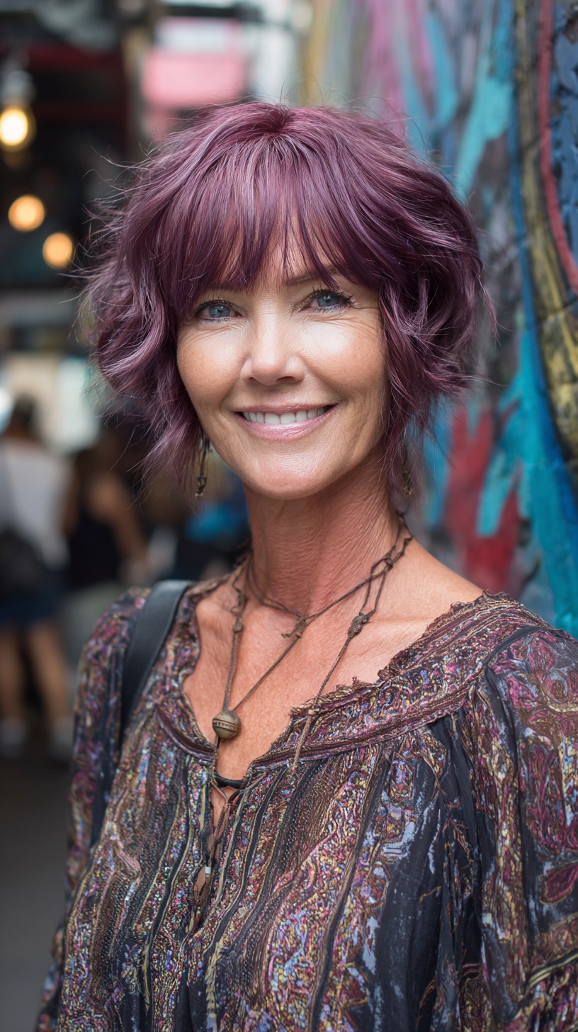 Plum Textured Short Shag with Wispy Micro-Bangs